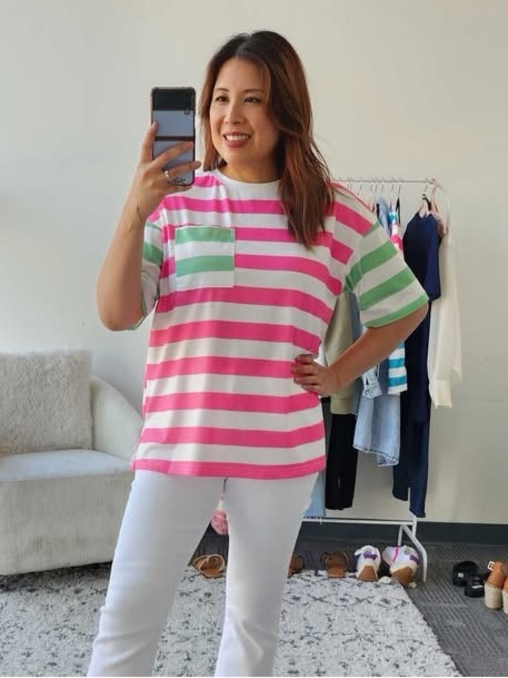 Stripe Patch Pocket Tee (NWT) 🍒Pink, Green & White, Size Small *Relaxed
